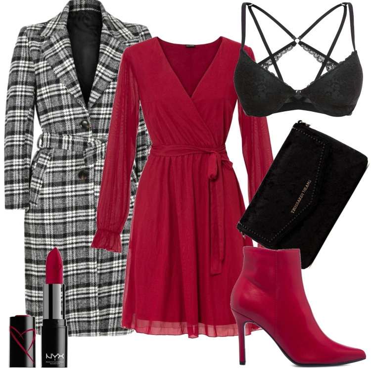 Outfit donna - Vestito rosso maniche trasparente. Stile Sexy per Tutti i giorni. Abbinamento con reggiseni, vestiti, cappotti, borse a tracolla, stivaletti, rossetti.