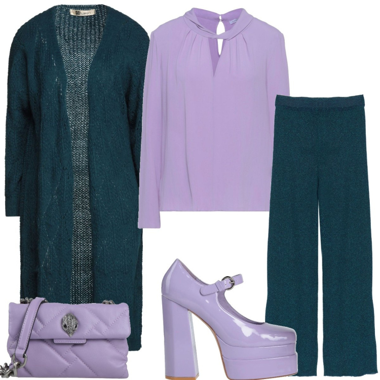 Outfit donna - Tempo libero. Stile Casual chic per Tutti i giorni. Abbinamento con décolleté, bluse, cardigans, borse a tracolla, pantaloni.