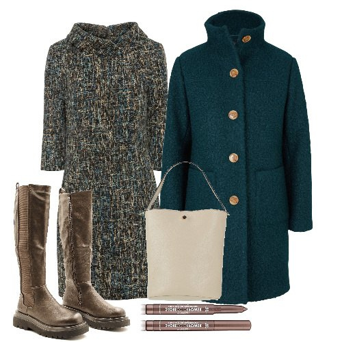 Outfit donna - Ottanio su tweed. Stile Bon Ton per Ufficio. Abbinamento con cappotti, vestiti a tubino, borse a mano, stivali, ombretti.