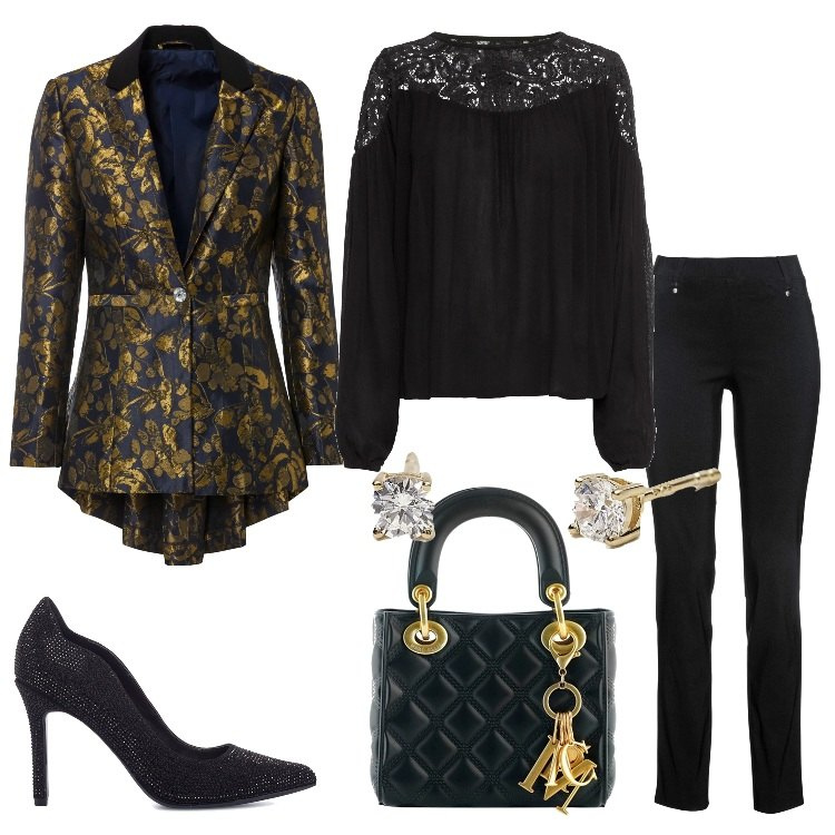 Outfit donna - In vena di far festa. Stile Chic per Serata fuori. Abbinamento con tuniche, pantaloni, blazer, orecchini, borse a mano, décolleté.