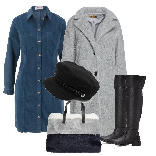 Outfit donna - Il teddy grigio. Stile Urban per Tutti i giorni. Abbinamento con vestiti, stivali sopra il ginocchio, cappotti, borse a mano, cappelli con visiera.