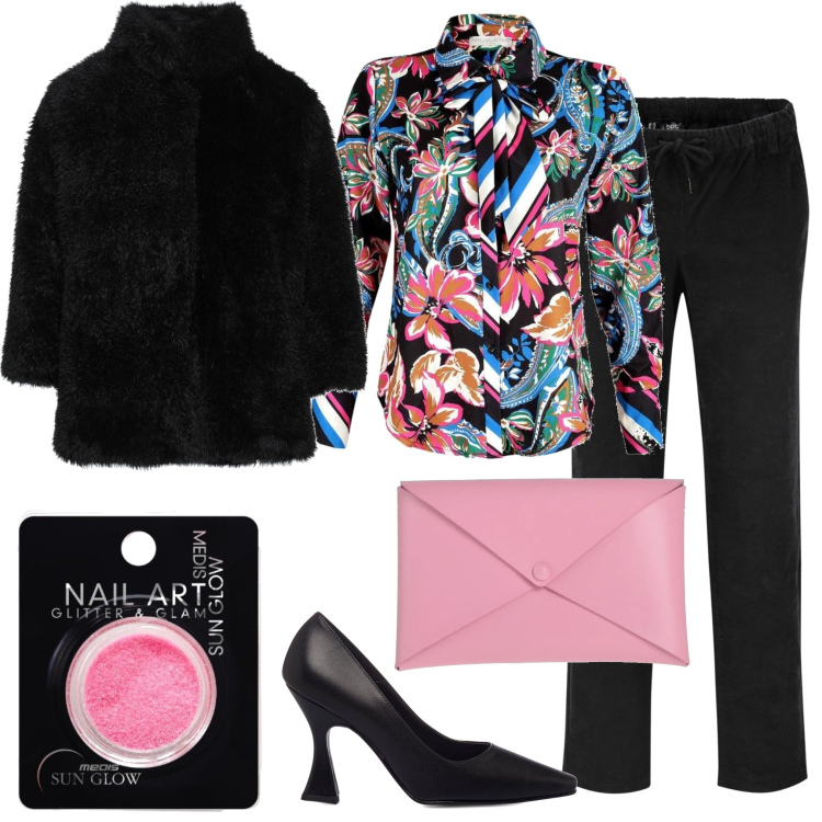 Outfit donna - Vado a una mostra. Stile Chic per Serata fuori. Abbinamento con pantaloni, cappotti, borse a mano, camicie, décolleté, smalti.