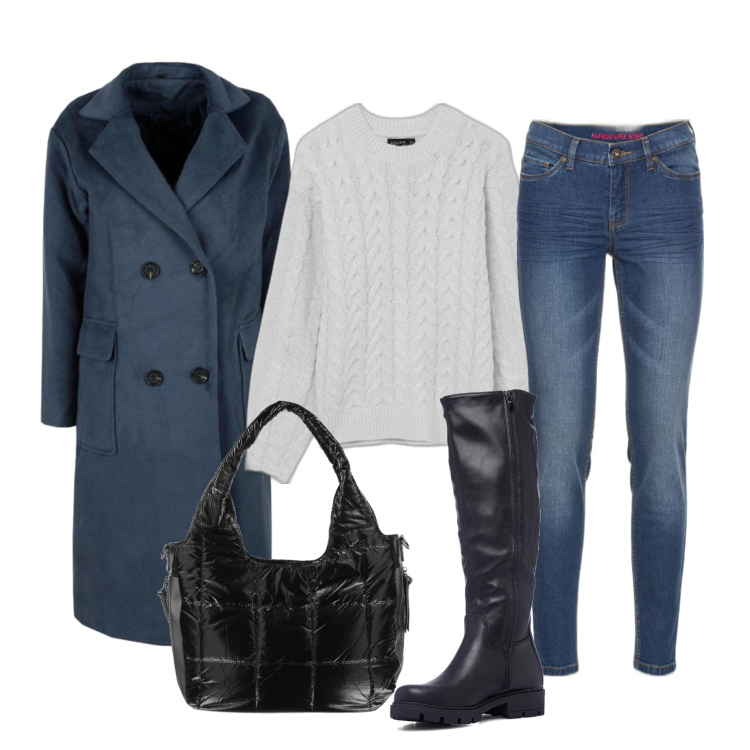 Outfit donna - Total look #1475011. Stile Casual chic per Tutti i giorni. Abbinamento con jeans skinny, cappotti, borse a spalla, maglieria, stivali.