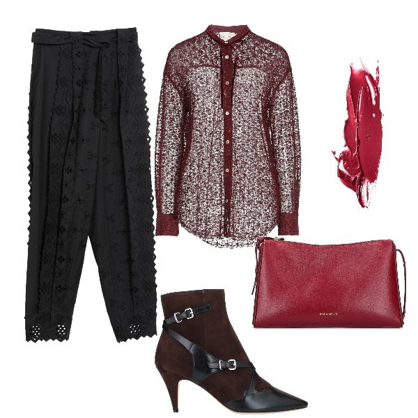 Outfit donna - Pizzo ad sera. Stile Romantica per Serata fuori. Abbinamento con stivaletti, pantaloni, camicie, rossetti, borse a spalla.