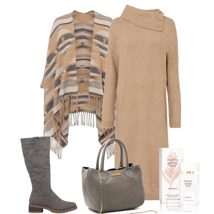 Outfit donna - Tempo libero. Stile Casual chic per Tutti i giorni. Abbinamento con vestiti chemisier, cappotti, borse a mano, stivali sopra il ginocchio, profumi.
