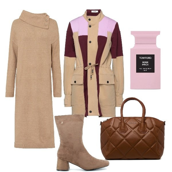 Outfit donna - Long tricot dress. Stile Romantica per Tutti i giorni. Abbinamento con cappotti, vestiti chemisier, profumi, stivaletti, borse a mano.