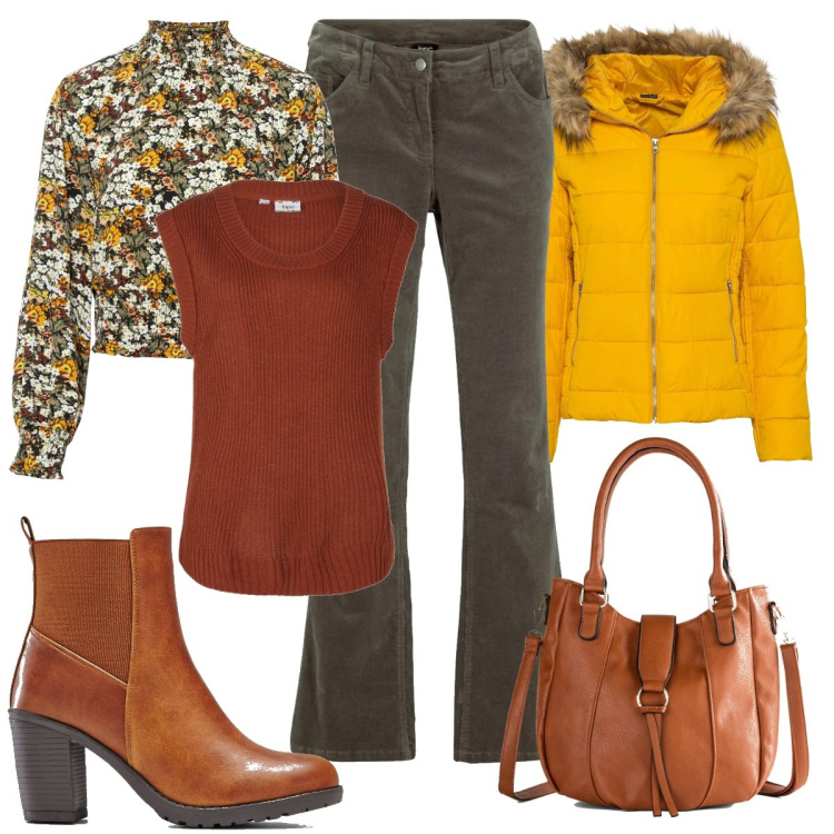 Outfit donna - Color sottobosco. Stile Basic per Tutti i giorni. Abbinamento con pantaloni, bluse, gilet, giacche, borse a mano, stivaletti.