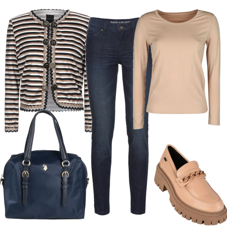 Outfit donna - Un bell\'insieme. Stile Basic per Tutti i giorni. Abbinamento con jeans skinny, blazer, borse a mano, mocassini, t-shirt.