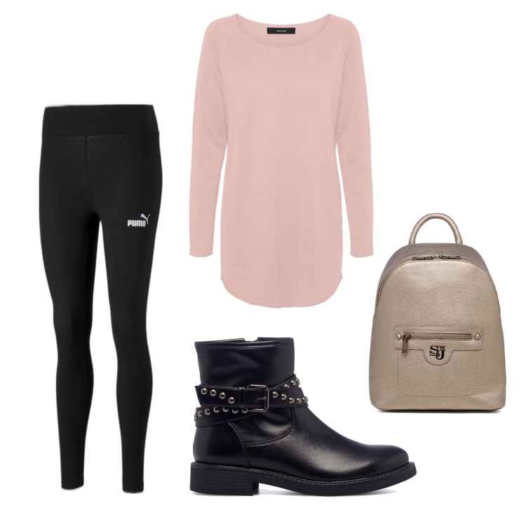 Outfit donna - Casual #20336. Stile Casual per Tutti i giorni. Abbinamento con leggings, pullovers, zaini, stivaletti.