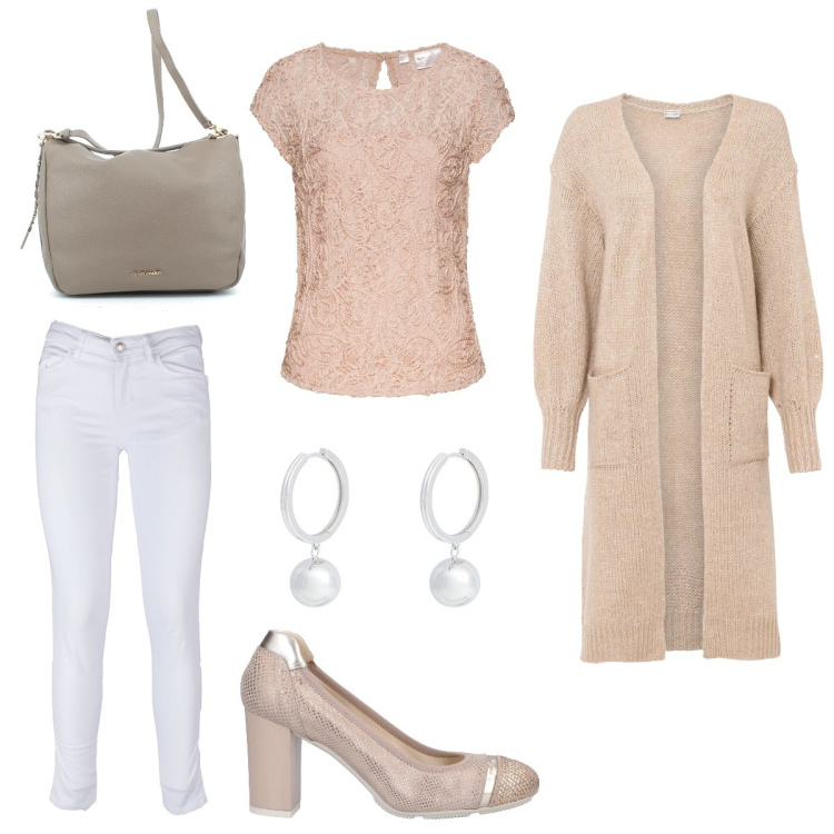 Outfit donna - Romantica #5198. Stile Romantica per Cerimonia. Abbinamento con pantaloni skinny, borse a tracolla, décolleté, orecchini, cardigans, maglieria.