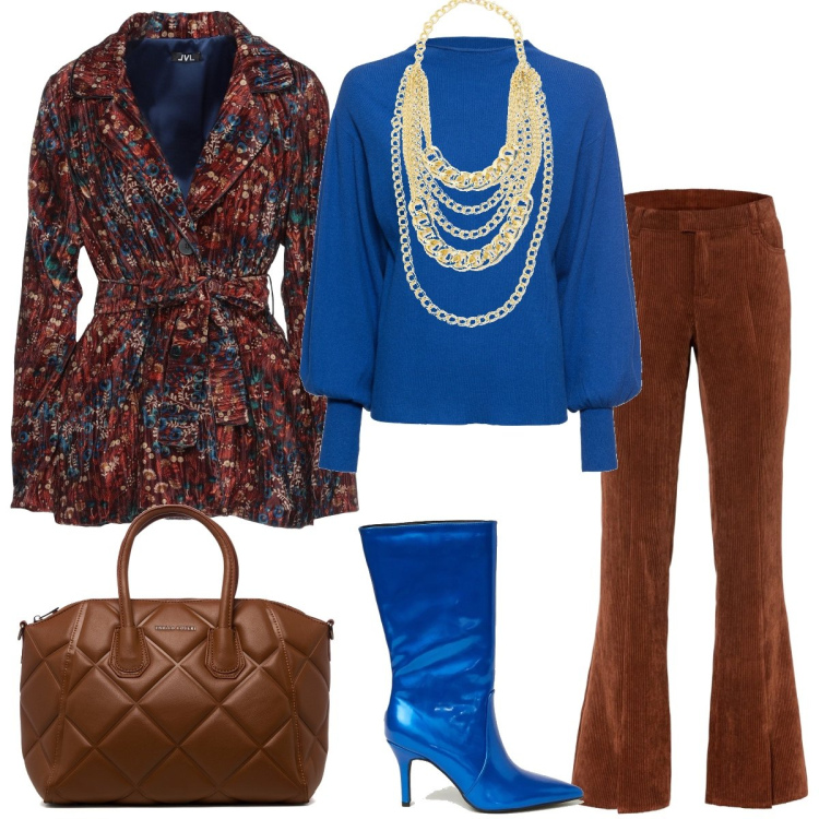 Outfit donna - Shopping in centro. Stile Casual chic per Tutti i giorni. Abbinamento con maglieria, pantaloni, blazer, stivali, collane, borse a mano.