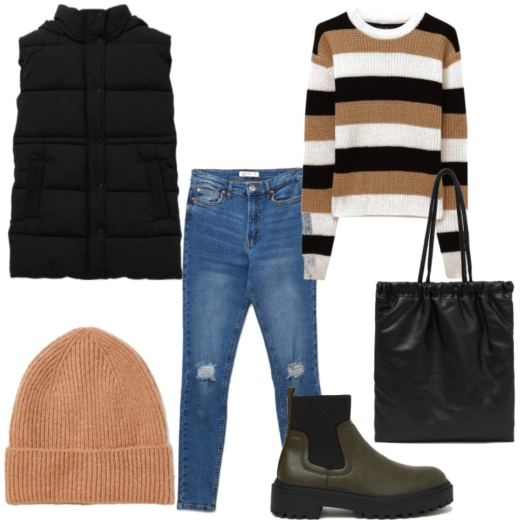 Outfit donna - Calliope Black Friday. Stile Casual per Tutti i giorni. Abbinamento con jeans skinny, stivali, maglieria, cappotti, shopping bag, cappelli con visiera.
