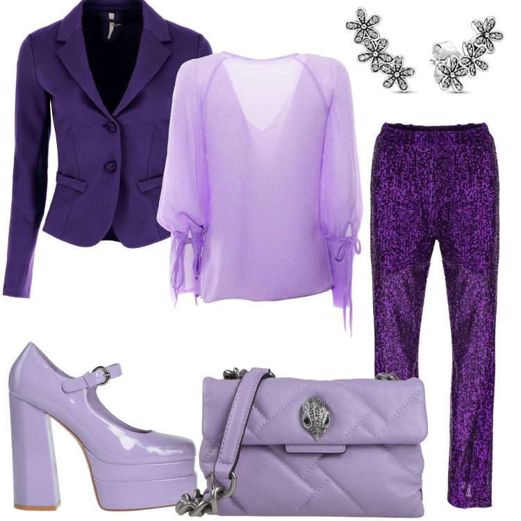 Outfit donna - Mi riempo di viola. Stile Trendy per Serata fuori. Abbinamento con décolleté, borse a tracolla, giacche, pantaloni, bluse, orecchini.