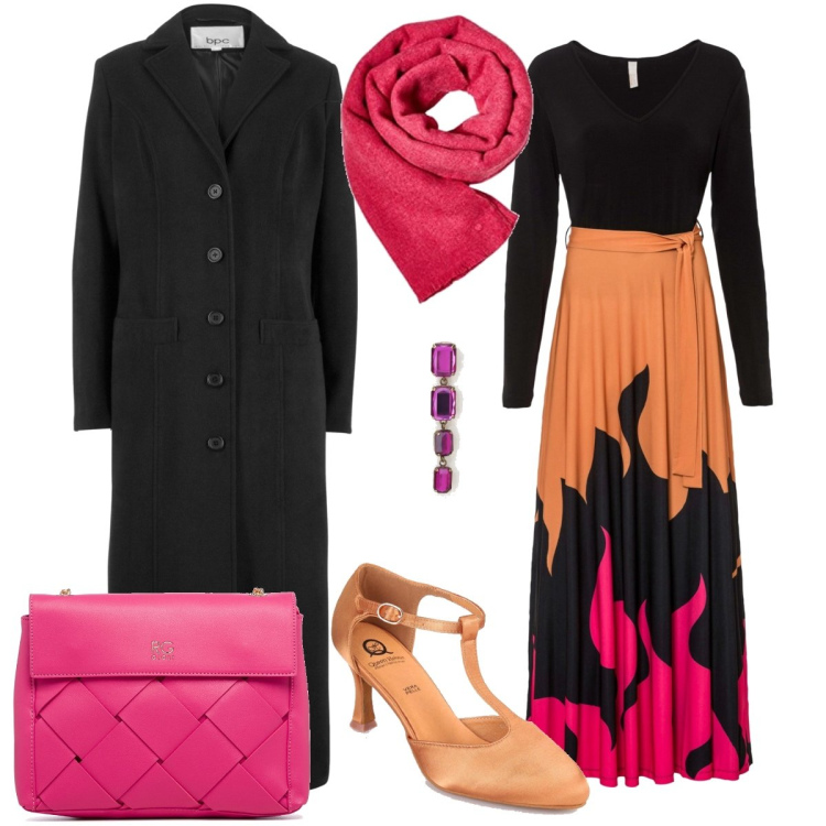 Outfit donna - In lungo. Stile Glamour per Serata fuori. Abbinamento con cappotti, vestiti, scarpe col tacco, orecchini, borse a tracolla, sciarpe.
