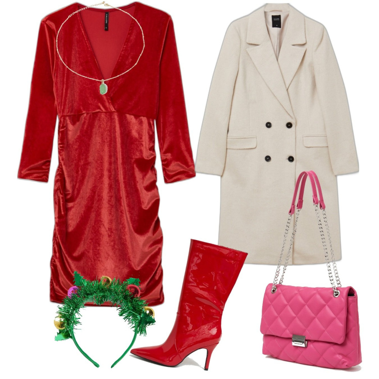 Outfit donna - Natale Calliope Black Friday. Stile Chic per Serata fuori. Abbinamento con cerchietti, vestiti corti, borse a spalla, cappotti, stivali, ciondoli.