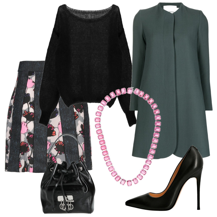 Outfit donna - Tacchi Vertiginosi. Stile Bon Ton per Serata fuori. Abbinamento con minigonne, borse a secchiello, pullovers, décolleté, cappotti, collane.