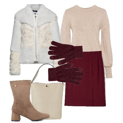 Outfit donna - Gonna e guanti. Stile Chic per Tutti i giorni. Abbinamento con cappotti, borse a mano, maglieria, stivaletti, gonne, guanti.