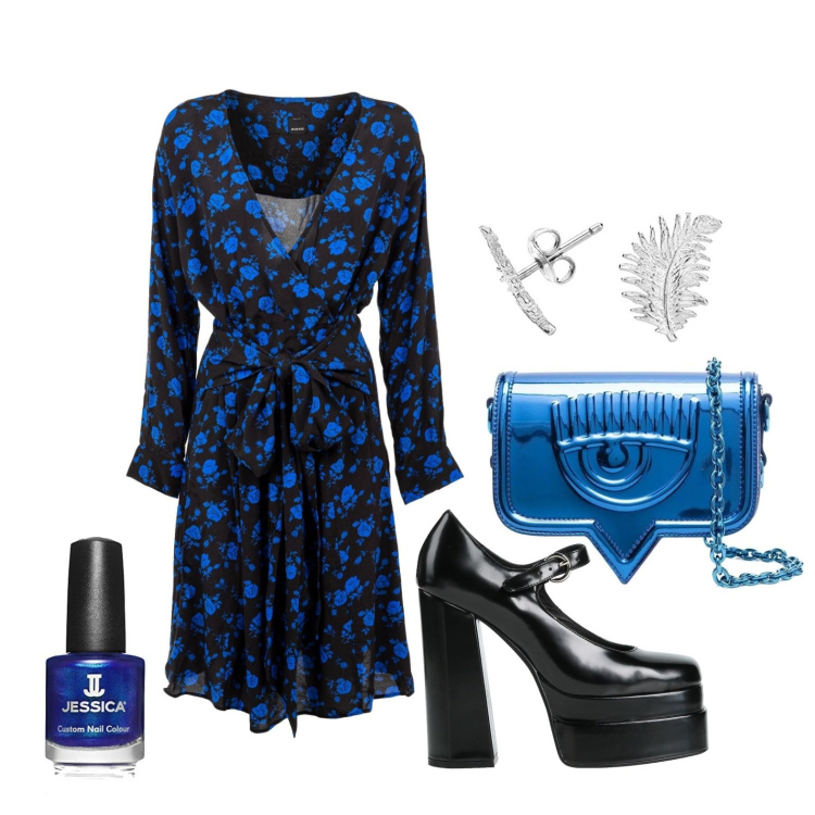 Outfit donna - Mi vesto di blu. Stile Glamour per Serata fuori. Abbinamento con décolleté, borse a tracolla, vestiti midi/longuette, orecchini, smalti.