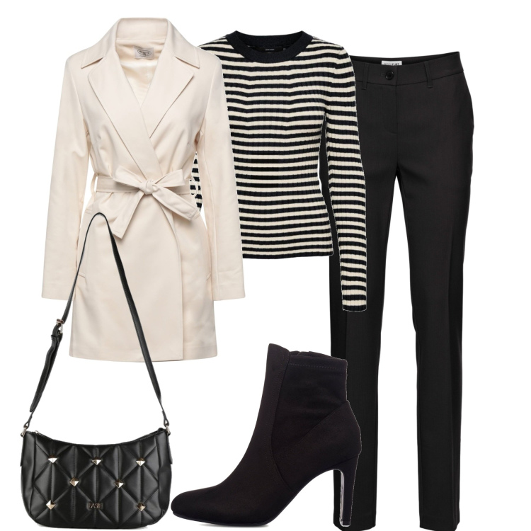 Outfit donna - In città. Stile Casual chic per Tutti i giorni. Abbinamento con pantaloni, cappotti, borse a tracolla, stivaletti, pullovers.