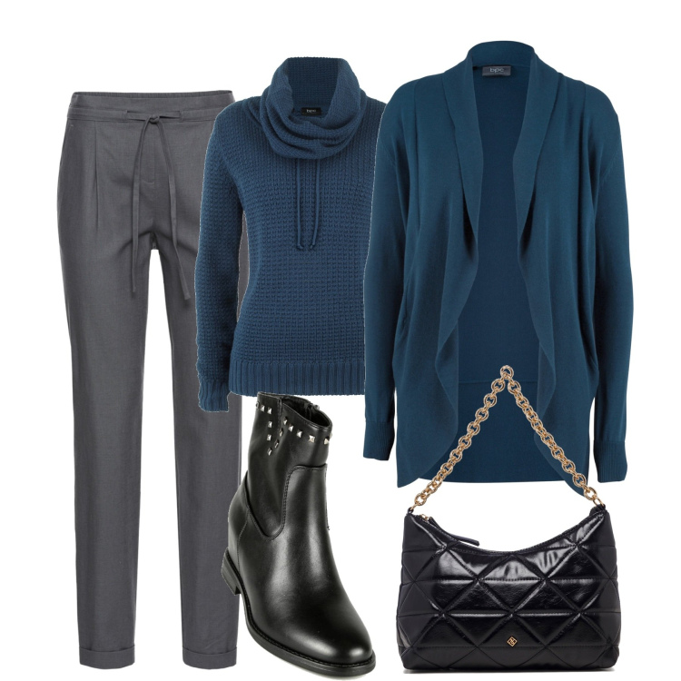 Outfit donna - Grigio e blu. Stile Casual chic per Tutti i giorni. Abbinamento con pantaloni, maglieria, cardigans, stivaletti, borse a tracolla.