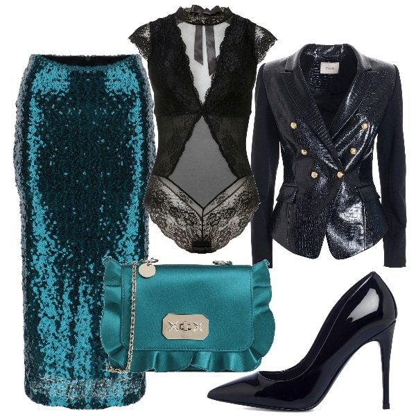 Outfit donna - Nero e ottanio. Stile Chic per Serata fuori. Abbinamento con body, borse a tracolla, blazer, gonne longuette, décolleté.