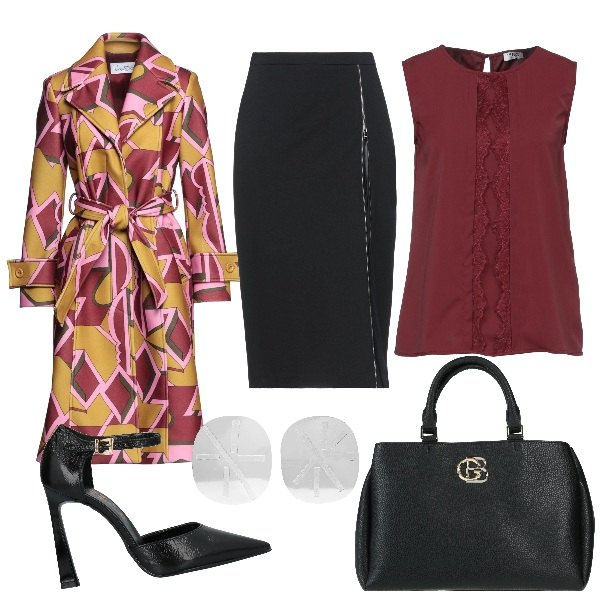 Outfit donna - Total look #1475431. Stile Trendy per Serata fuori. Abbinamento con gonne longuette, cappotti, top, borse a mano, décolleté, orecchini.