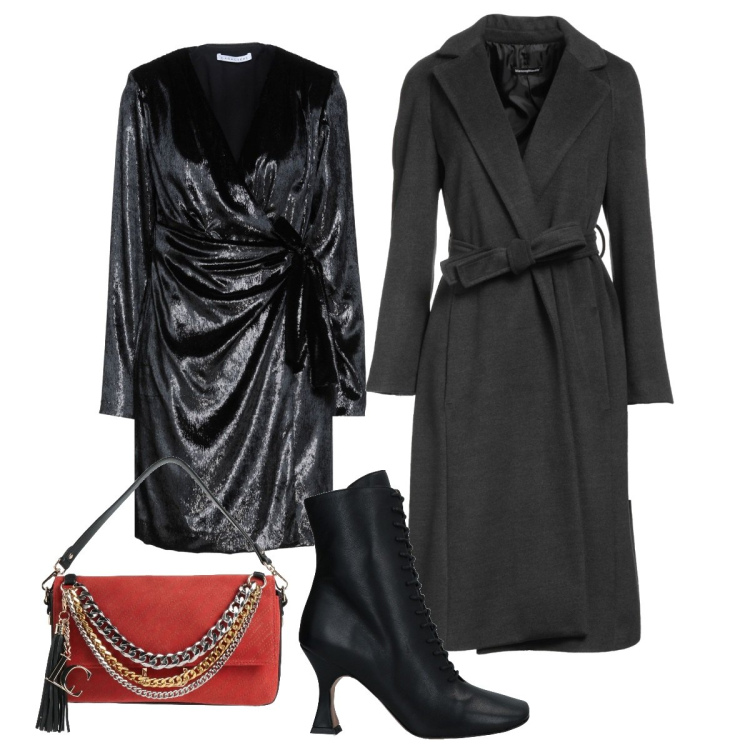 Outfit donna - Cene di dicembre - curvy. Stile Vintage retrò per Serata fuori. Abbinamento con vestiti corti, stivaletti, cappotti, borse a mano.