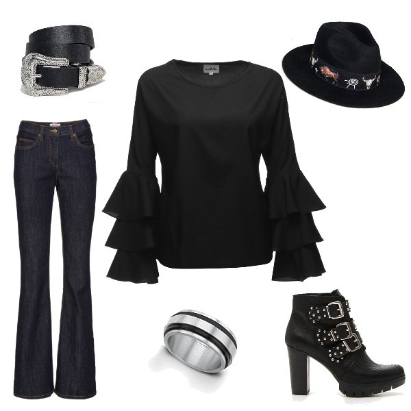 Outfit donna - Urban cowgirl. Abbinamento con jeans bootcut, blusa con balze, stivaletti, cintura con stampa e fibbia in denim lunghezza regolabile nero, cappello con stampa e fasce, anello.