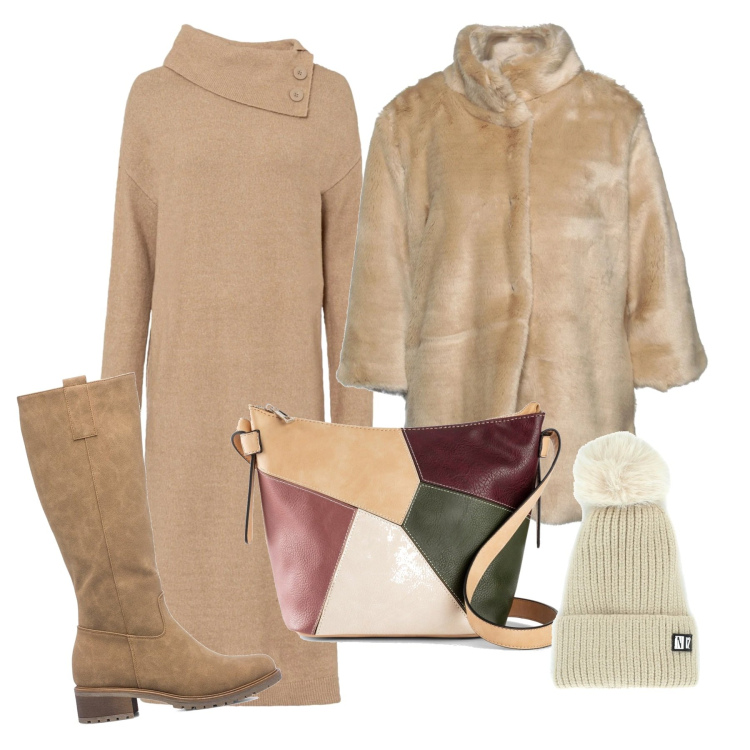 Outfit donna - Total beige senza paura. Stile Minimal per Ufficio. Abbinamento con cappotti, vestiti chemisier, borse a tracolla, sciarpe, stivali.