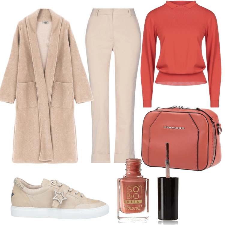 Outfit donna - Bella passeggiata. Stile Casual chic per Tutti i giorni. Abbinamento con marsupi, pullovers, pantaloni, sneakers, cappotti, smalti.