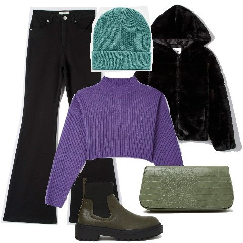 Outfit donna - Terranova - Black Friday 2022. Stile Casual chic per Serata fuori. Abbinamento con ecopellicce, maglieria, pantaloni, cappelli con visiera, stivali, borse a spalla.