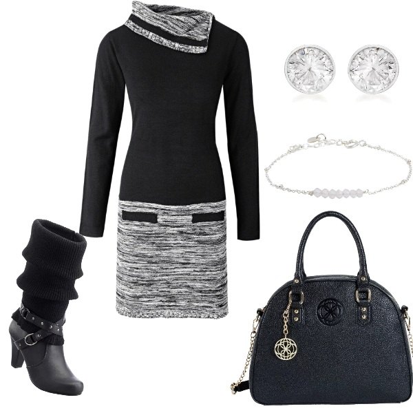 Outfit donna - Freddo con stile. Stile Bon Ton per Ufficio. Abbinamento con stivali, vestito in in maglia, borsa a tracolla nero, bracciale lunga a punta in ottone, orecchini a perno in sterling 925 ipoallergenico argento e bianco.