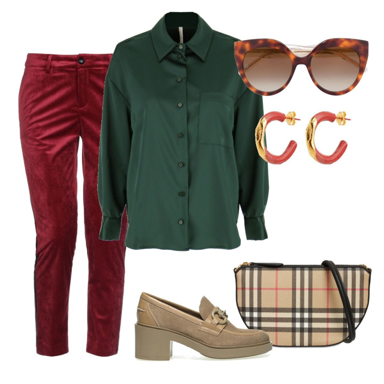Outfit donna - Office time. Stile Casual chic per Ufficio. Abbinamento con pantaloni, orecchini, camicie, mocassini, occhiali da sole, borse a spalla.
