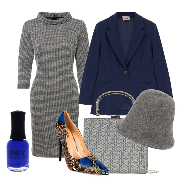 Outfit donna - Con lo smalto blu cobalto. Stile Chic per Ufficio. Abbinamento con vestiti, décolleté, giacche, borse a mano, cappelli con visiera, smalti.