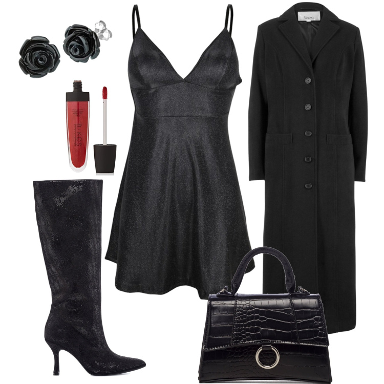 Outfit donna - Rose nere. Stile Rock per Serata fuori. Abbinamento con cappotti, vestiti senza maniche, stivali sopra il ginocchio, borse a mano, gloss, orecchini.