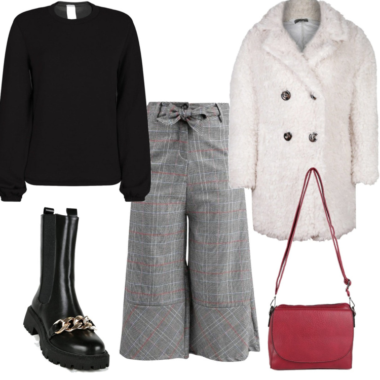 Outfit donna - In città. Stile Urban per Tutti i giorni. Abbinamento con pantaloni culotte, borse a tracolla, cappotti, maglieria, stivaletti.