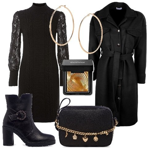 Outfit donna - PittaRosso - Black Friday 2022. Stile Glamour per Serata fuori. Abbinamento con vestiti, cappotti, borse a tracolla, stivaletti, ombretti, orecchini.