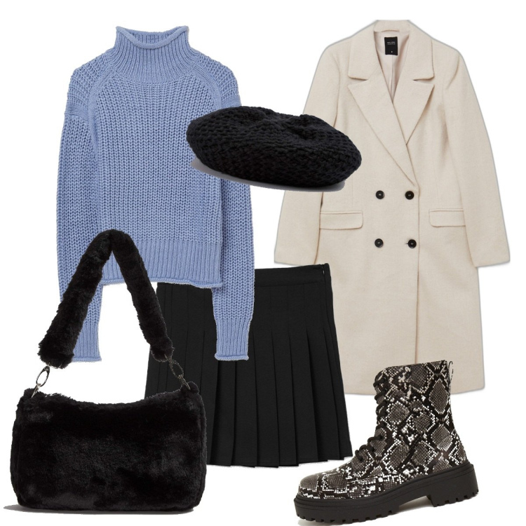 Outfit donna - Ispirazione preppy. Stile Preppy per Tutti i giorni. Abbinamento con borse a spalla, cappelli con visiera, maglieria, minigonne, cappotti, anfibi.