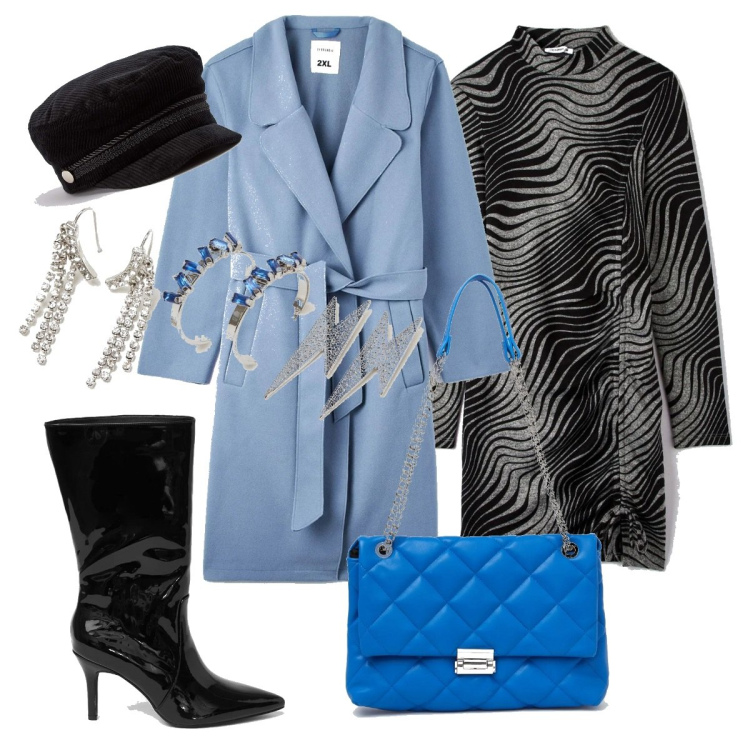 Outfit donna - Sprazzi di cielo. Stile Chic per Serata fuori. Abbinamento con cappotti, vestiti corti, cappelli con visiera, borse a spalla, orecchini, stivali.