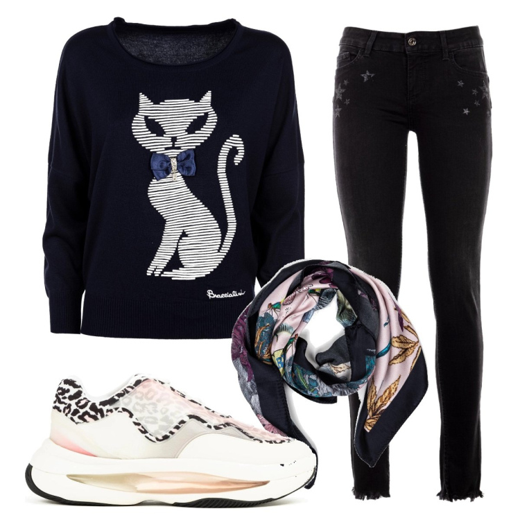 Outfit donna - BFCat. Stile Trendy per Tutti i giorni. Abbinamento con sneakers, maglieria, pantaloni, foulard.