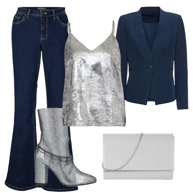 Outfit donna - Serata \'70. Stile 70s per Serata fuori. Abbinamento con blazer, jeans a zampa, top, stivaletti, pochette.