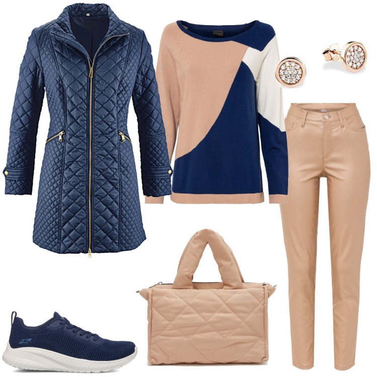 Outfit donna - Al mercato. Stile Casual per Tutti i giorni. Abbinamento con blazer, maglieria, pantaloni skinny, borse a mano, sneakers, orecchini.