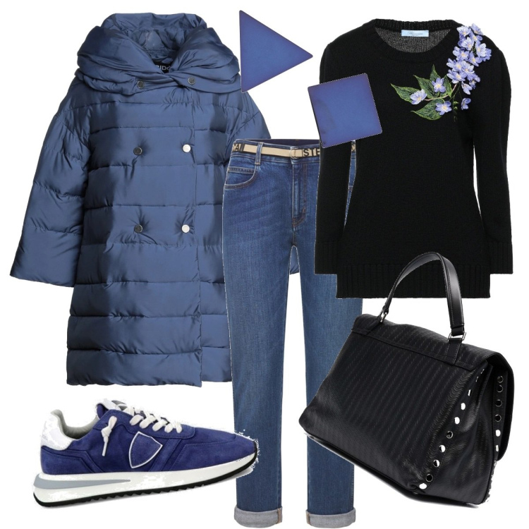 Outfit donna - Sporty chic e bon ton. Stile Sporty chic per Tutti i giorni. Abbinamento con piumini, pullovers, orecchini, sneakers, borse tote, jeans boyfriend.