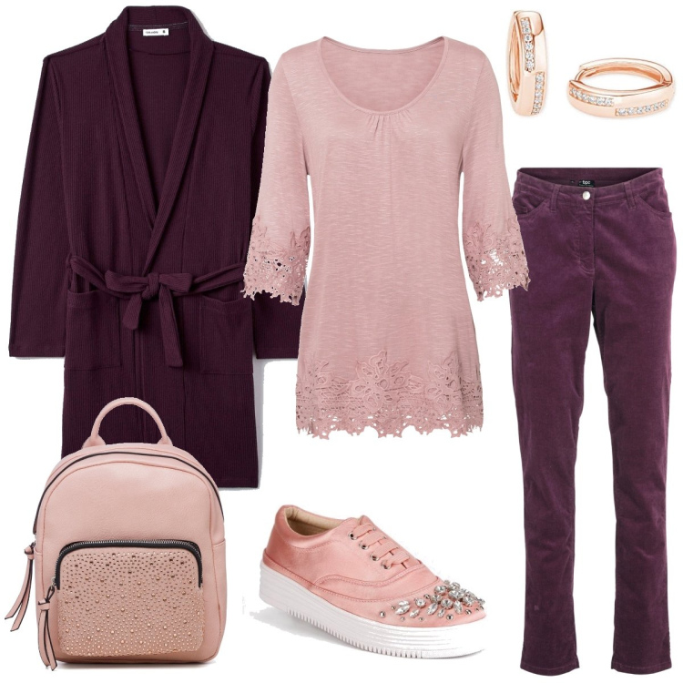 Outfit donna - Tempo libero. Stile Casual chic per Tutti i giorni. Abbinamento con maglieria, pantaloni, vestaglie, sneakers alte, zaini, orecchini.