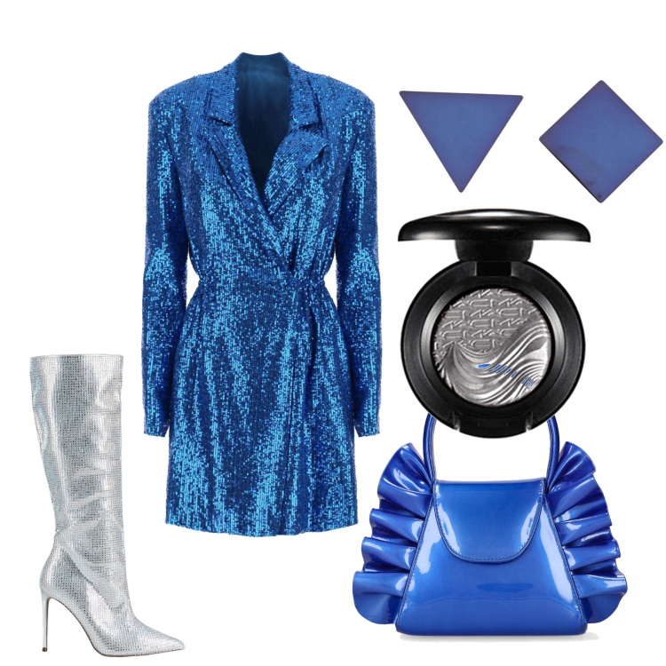 Outfit donna - Un party scintillante. Stile Chic per Serata fuori. Abbinamento con stivali, orecchini, vestiti corti, ombretti, borse a mano.
