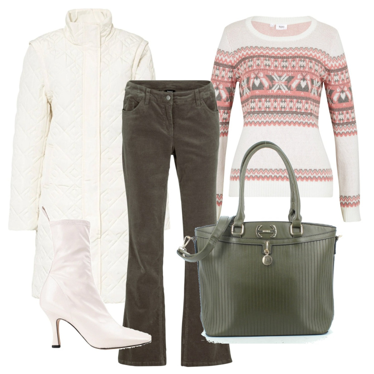Outfit donna - Inverno al caldo. Stile Basic per Tutti i giorni. Abbinamento con pantaloni, maglieria, piumini, stivaletti, borse a tracolla.