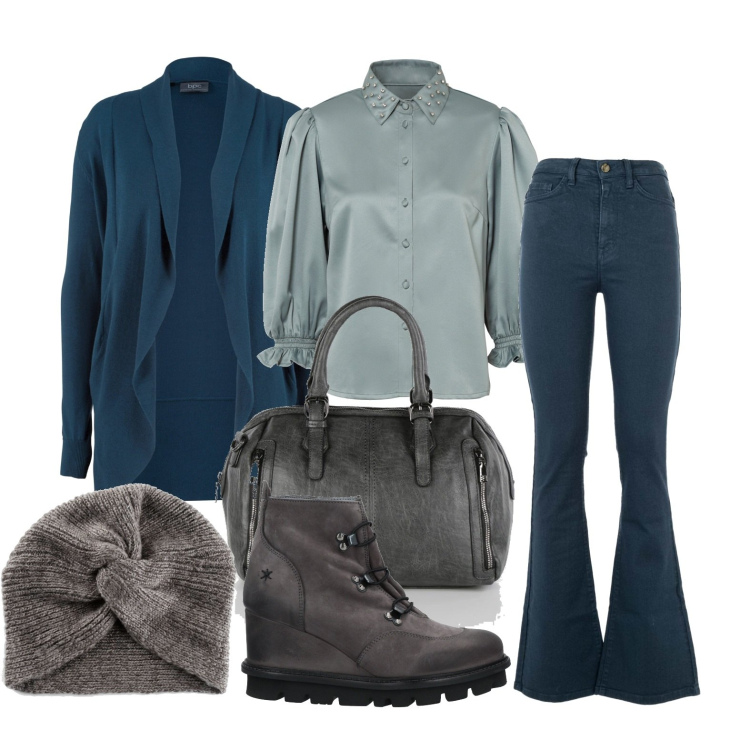 Outfit donna - Capelli domati. Stile Casual per Tutti i giorni. Abbinamento con cardigans, camicie, berretti, stivaletti, borse a mano, jeans slim fit.