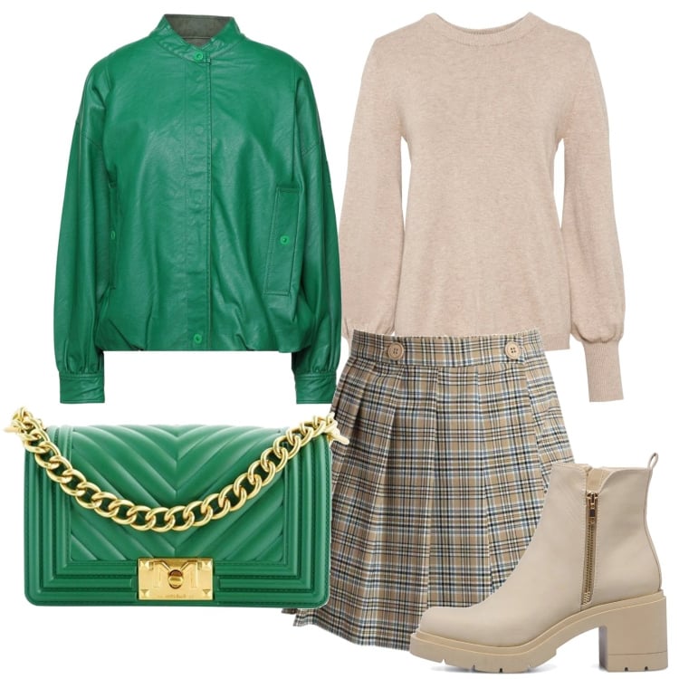 Outfit donna - Verde smeraldo e beige. Stile Trendy per Tutti i giorni. Abbinamento con giacche, maglieria, minigonne, borse a tracolla, stivaletti.