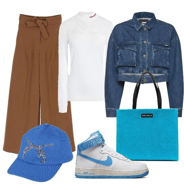 Outfit donna - Total look #1476193. Stile Trendy per Scuola/Università. Abbinamento con pullovers, cappelli con visiera, borse tote, pantaloni, sneakers, giacche.
