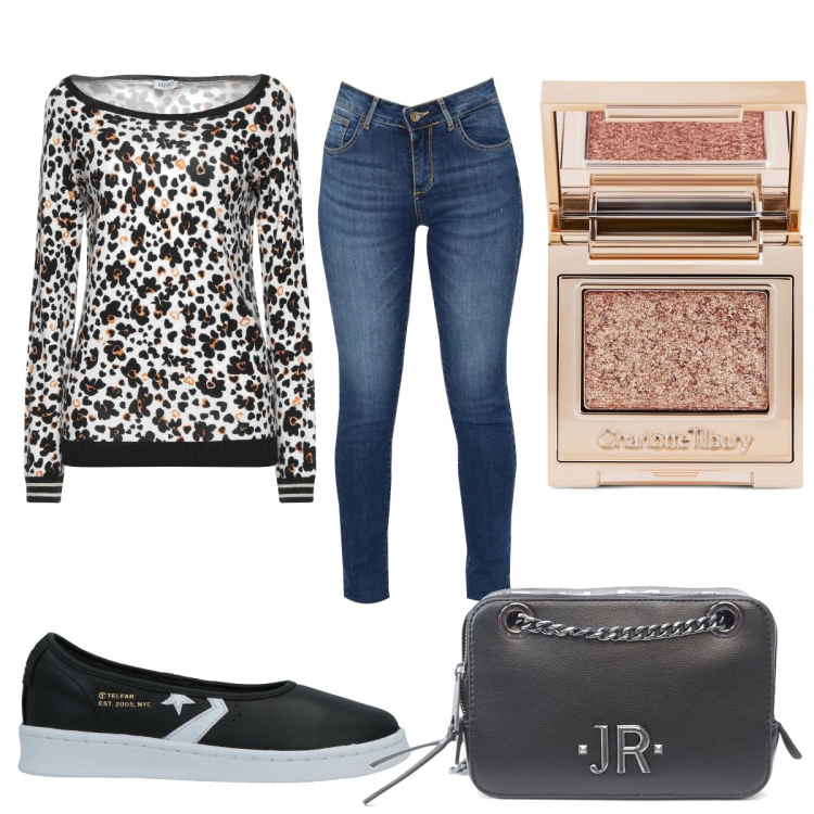 Outfit donna - Romantica in jeans. Stile Romantica per Tutti i giorni. Abbinamento con pullovers, ballerine, borse a tracolla, ombretti, jeans skinny.